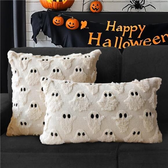Halloween Pillow Covers Set of 2 Ghost Plush Throw Pillow Cases 18x18 Fall Decor - Picture 4 of 7